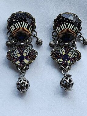 OOAK Ayala Bar Handcrafted, Fabric Inlay, Faceted Lucite & Metal Bead Earrings!!